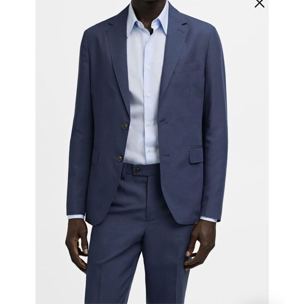 MNG by Mango Slim Fit Linen Lyocell Blazer Jacket Blue 38 NWT